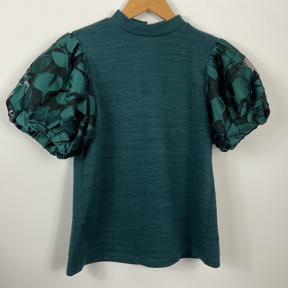 THML Green Teal Textured Puff Sleeve Top Womens XS